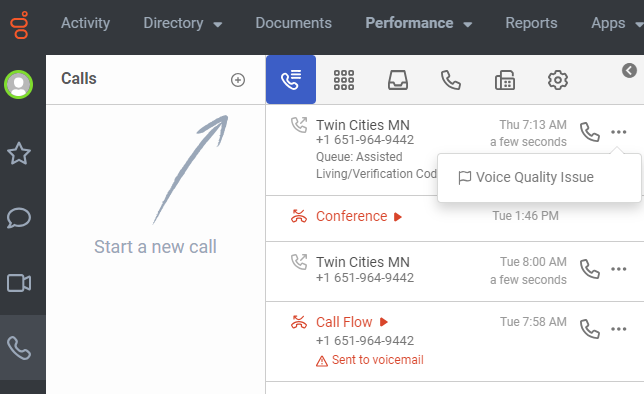 Screenshot of where to select voice quality issue in Genesys call history.