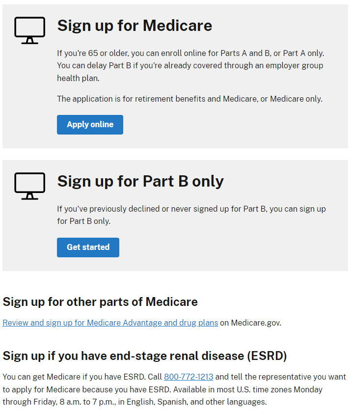 Screenshot of sign-up for Medicare page on the Social Security Administration website.