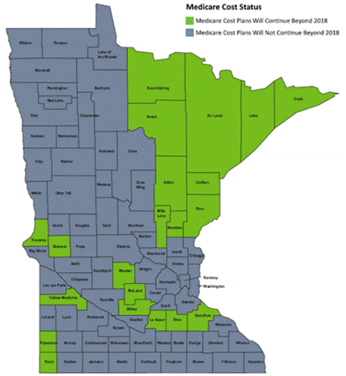 Map of Minnesota with 21 counties in green showing which still have cost plans available.